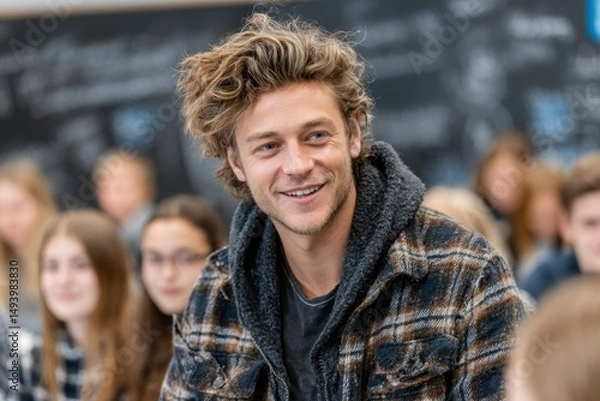 Obraz A cheerful individual in a classroom setting surrounded by peers exuding positivity and engag