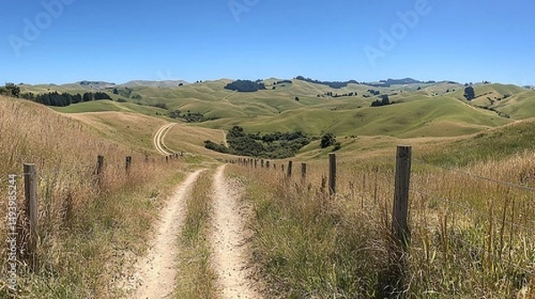 Fototapeta Rolling hills and grassy landscape. Dirt road leading into distance. Fenced fields on either side. Sunny day