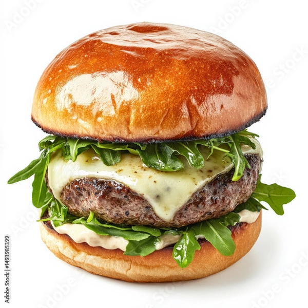 Fototapeta A gourmet truffle burger with a juicy beef patty, truffle aioli, melted Swiss cheese, and arugula, served on a toasted brioche bun. A luxurious twist on a classic burger. Isolated on clean white