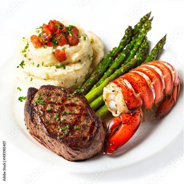 Fototapeta A gourmet surf and turf platter featuring a perfectly seared filet mignon and a buttery lobster tail, served with roasted garlic mashed potatoes and steamed asparagus. A luxurious meal. Isolated on