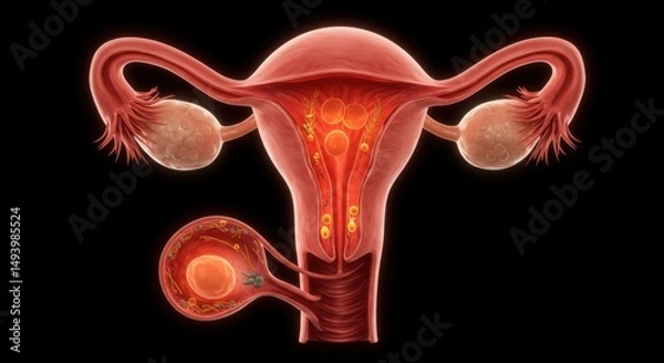 Fototapeta Detailed illustration of the female reproductive system highlighting ovaries fallopian tubes uterus and menstrual cycle
