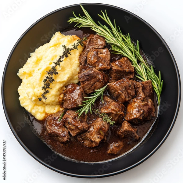 Fototapeta A plate of braised wild boar with juniper berries and red wine, featuring tender chunks of wild boar meat, braised slowly in a rich red wine sauce, infused with the aromatic flavors of juniper berries