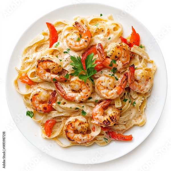 Fototapeta A plate of spicy Cajun shrimp pasta with fettuccine noodles, grilled shrimp, bell peppers, and a creamy, smoky Alfredo sauce, garnished with parsley. Isolated on clean white background