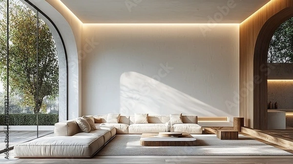 Fototapeta Sunlit living room with beige sectional sofa, low coffee table, and arched windows overlooking greenery