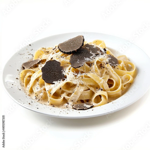 Fototapeta A plate of tagliatelle with truffle cream sauce, featuring long, flat noodles tossed in a rich and creamy sauce made with truffles, cream, and parmesan cheese, a luxurious and flavorful pasta dish,