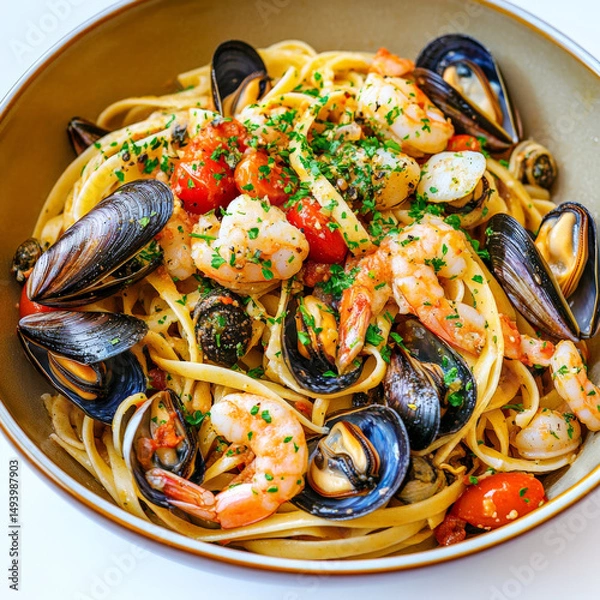 Fototapeta A vibrant bowl of linguine allo scoglio, featuring long, thin oval pasta tossed with a variety of fresh seafood, such as mussels, clams, shrimp, calamari, scallops, and a touch of cherry tomatoes,