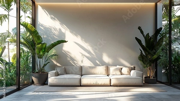 Fototapeta Sunlit living room with beige sofa, large potted plants, and floor-to-ceiling windows showcasing lush greenery