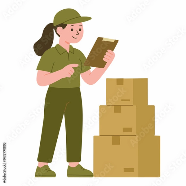 Obraz A delivery worker checks a clipboard while standing next to stacked boxes.