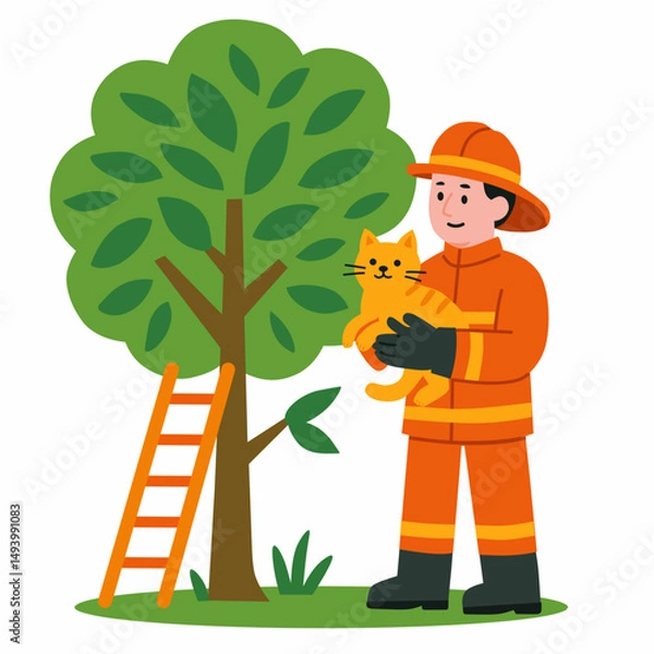 Obraz A firefighter rescues a cat from a tree, showcasing bravery and compassion.