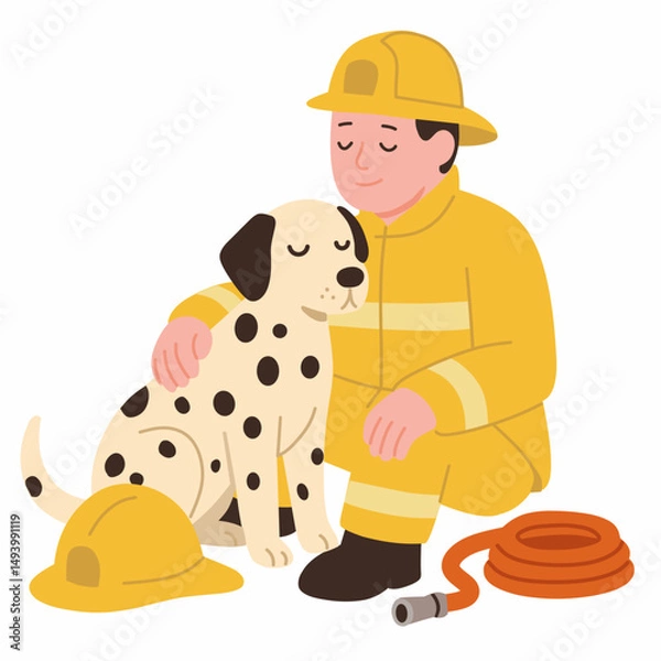 Obraz A firefighter kneels beside a Dalmatian dog, showcasing teamwork and companionship.
