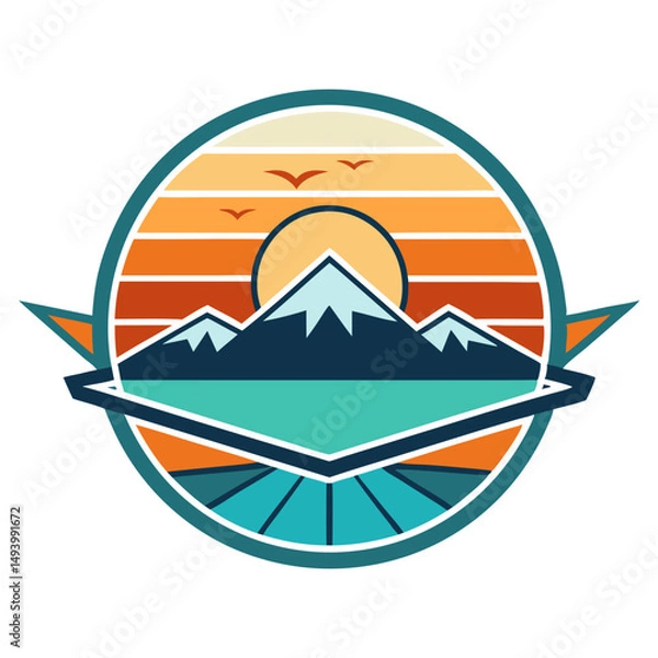 Fototapeta A stylized circular badge design depicting mountains, a lake, and a sunset or sunrise with birds, all rendered in a flat, geometric style with a retro color palette.