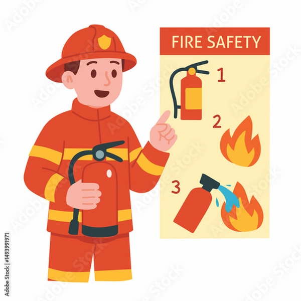 Obraz A firefighter presenting fire safety tips with a fire extinguisher illustration.