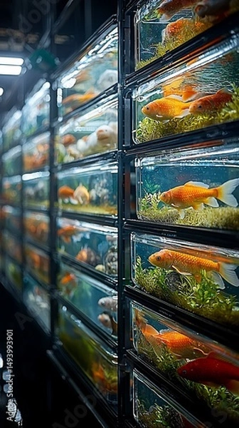 Fototapeta Rows of fish tanks, each containing goldfish and aquatic plants, create a visually appealing display