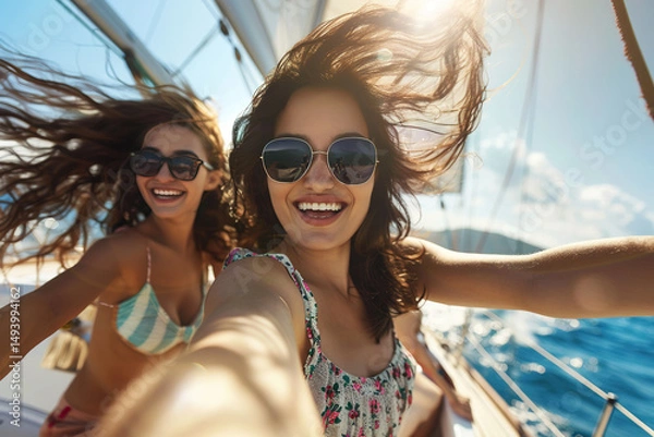 Fototapeta Two 20-year-old friends on a sailboat trip, taking a selfie, smiling and looking at the camera