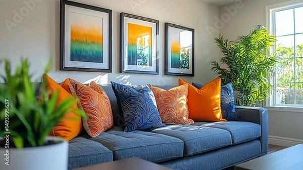 Fototapeta Sunlit living room with gray sofa, orange and blue patterned pillows, and framed art
