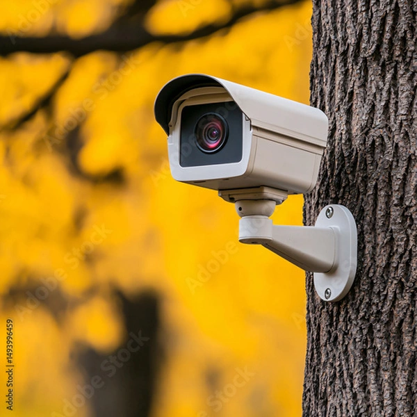 Fototapeta Security camera attached to a tree trunk monitors the environment against a blurred golden backdrop.