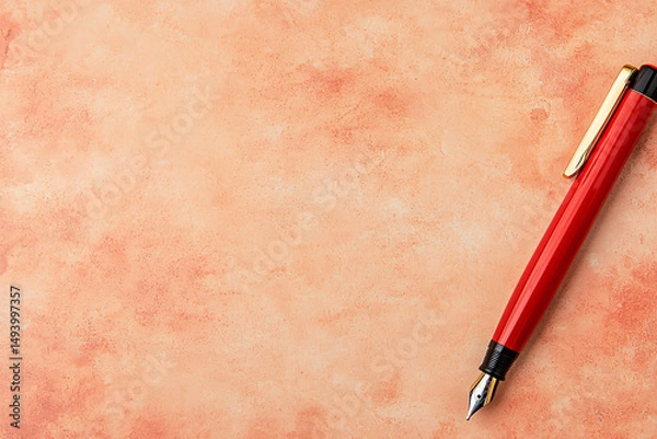Fototapeta A red fountain pen rests on a textured coral colored paper providing space for calligraphy work.