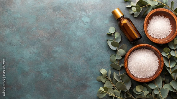 Fototapeta Aromatherapy oil bottle and bath salts with eucalyptus leaves on rustic teal textured surface.
