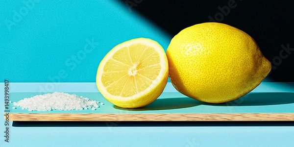 Fototapeta A sliced lemon and a whole lemon are displayed next to a pile of salt on a blue surface.
