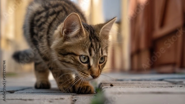 Fototapeta Curious kitten exploring an urban alleyway with intense focus