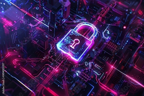 Fototapeta Neon Padlock: A digital padlock with a circuit board and neon lights. Security technology is represented by padlock and circuit board.