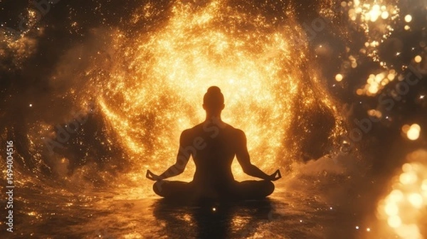 Fototapeta A peaceful figure meditating in front of a cosmic explosion of light and energy, representing inner strength and serenity.