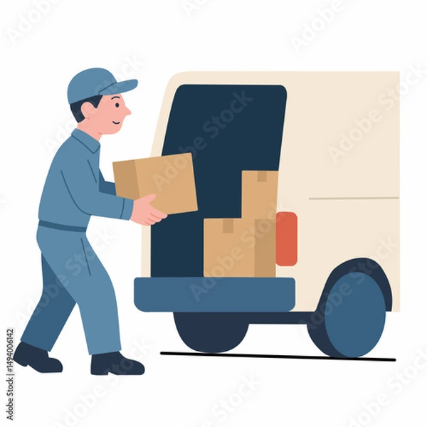 Obraz A delivery person carrying a box to a van, illustrating logistics and transportation.
