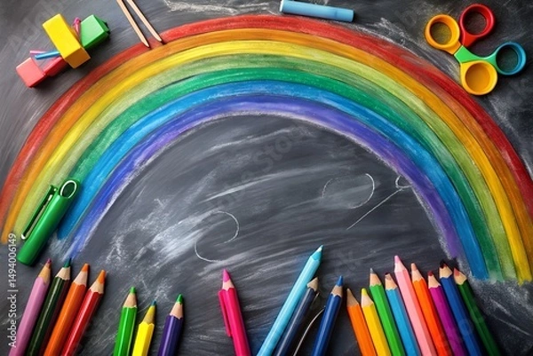 Fototapeta Chalk Doodle Background With Rainbow Colored Study Elements