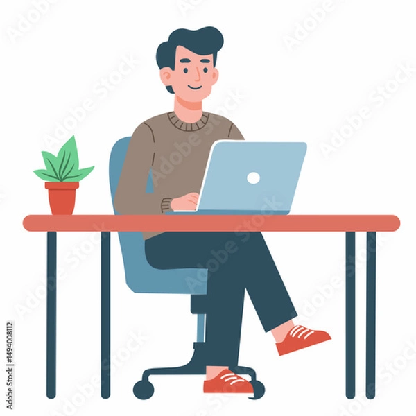 Obraz A person working on a laptop at a desk with a plant nearby.