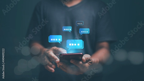 Fototapeta Digital online communication and social media concept, Businessman using application chat on smartphone for online marketing. Chatting to find information about products and services.