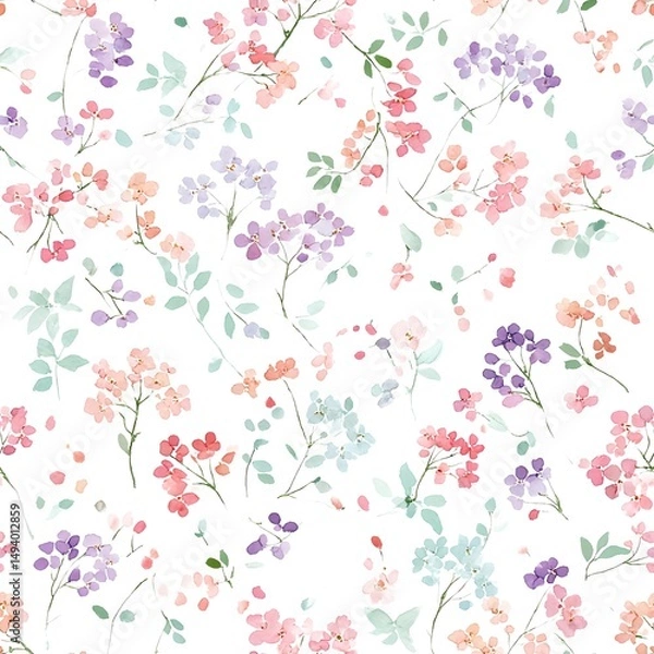 Fototapeta Seamless pattern of delicate pastel watercolor blossoms in soft romantic hues on a light backdrop