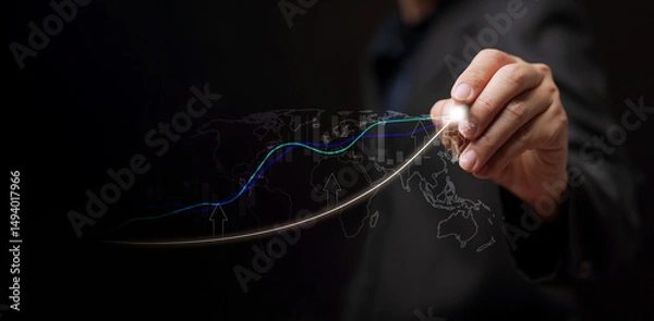 Fototapeta Business growth, economic development, or investment concept: A man draws an upward trending line alongside a graph, symbolizing success, progress, and rising market performance