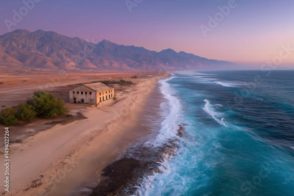 Obraz Aerial view of abandoned coastal building on sandy beach with waves and mountain backdrop at sunset