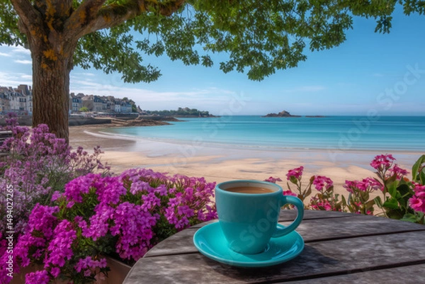 Obraz Turquoise coffee cup on wooden table with pink flowers overlooking sandy beach and calm turquoise sea