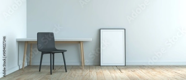 Fototapeta Minimalist Home Office Interior with Desk Chair and Blank Frame Mockup on Wood Floor Low Angle