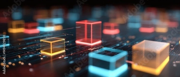 Fototapeta Abstract Data Cubes Floating on Network Grid Close Up Shot of Digital Information Architecture for Technology Concept
