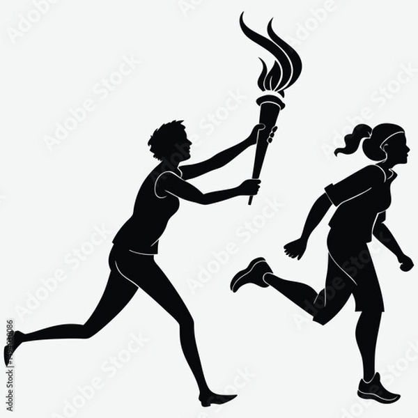 Obraz Two people passing a torch during a relay  image silhouette design vector art and illustration