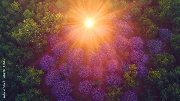 Fototapeta Lavender Blooms Radiate Beneath Sunset Streaks Casting Warm and Violet Tones From Aerial View