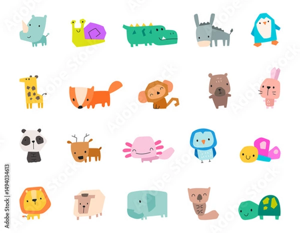Fototapeta Cute cartoon animal character set in scandinavian style with charming forest and jungle creatures showing emotional poses for yours illustration and creative designs projects