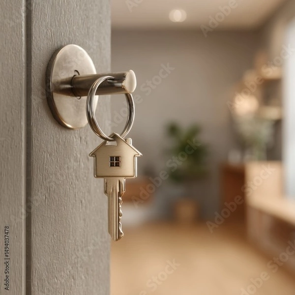 Obraz New home key hanging on open door in modern house interior close up shot real estate concept welcome
