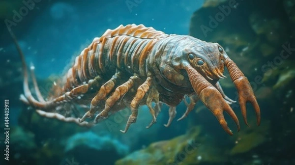 Fototapeta Highly detailed realistic underwater scene featu a prehistoric giant sea creature resembling a marine arthropod with multiple legs and a segmented body swimming in deep ocean environment