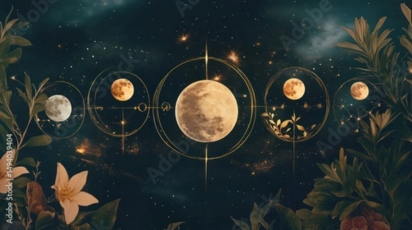 Fototapeta Stunning long exposure astrophotography scene of lunar phases showcasing full moon new moon and lunar cycles in night sky with stars and celestial elements framed by lush tropical plants and flowers