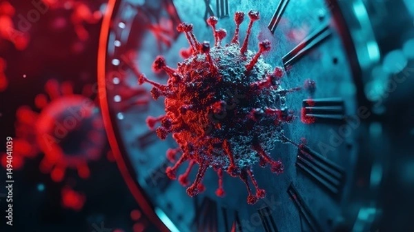 Fototapeta Time-lapse effect of virus particles spreading over a clock face, covid, urgency and infection time. 