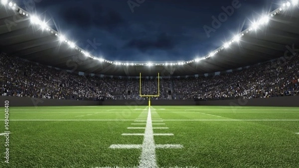 Fototapeta Night view of a brightly lit football stadium packed with spectators, featuring a clear view of the goalpost and yard lines, capturing the excitement and intensity of a major game under the lights.