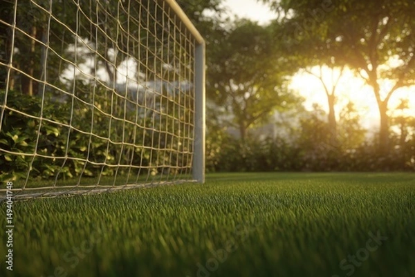 Fototapeta Soccer goal on green grass field at sunset low angle view of empty stadium for sports competition and recreation in park