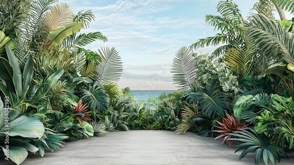 Fototapeta Panoramic 3d Render of a Wild Jungle View With Layers of Tropical Plants and Natural Wildlife Creating a Summer Holiday Vibe Original Background