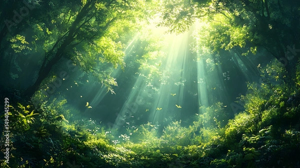 Fototapeta Lush forest interior illuminated by sunlight rays.