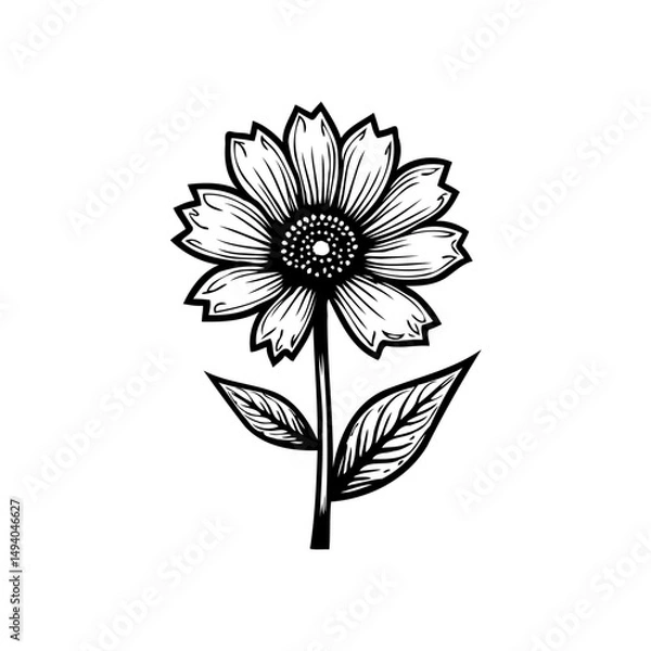 Fototapeta Monochrome botanical illustration of a stylized sunflower with leaves