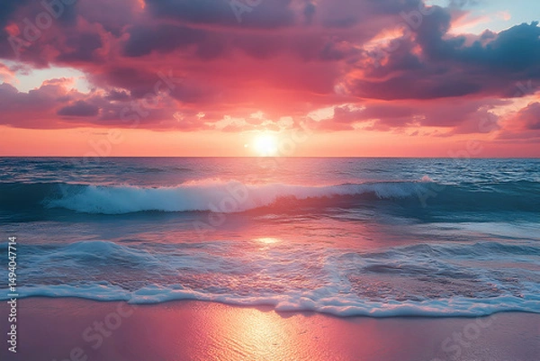 Obraz Vibrant sunset over a tranquil ocean shore.
