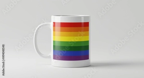 Fototapeta White ceramic coffee mug featuring a vibrant rainbow pride flag design, symbolizing LGBTQ+ support and inclusivity, isolated on a plain background.